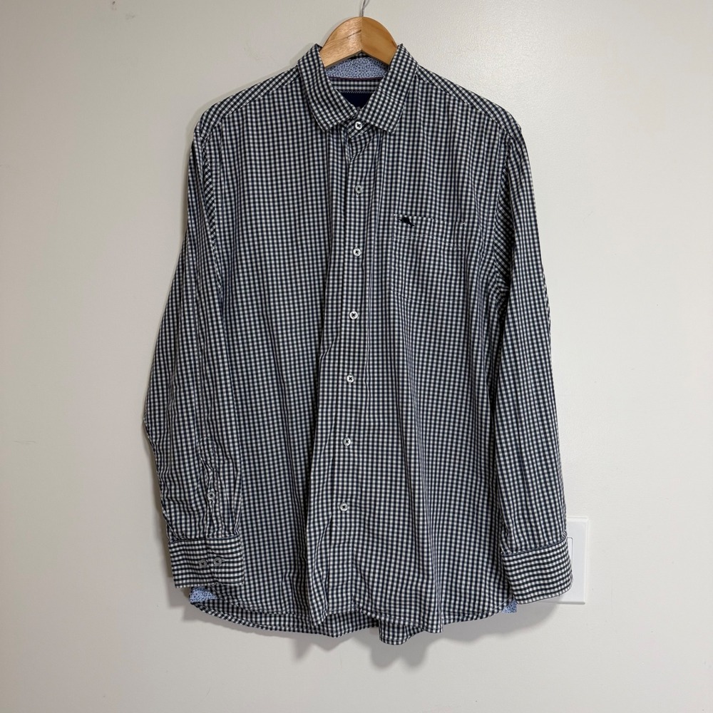Tommy Bahama Gingham Button Down Shirt Mens Large Navy White Pima Cotton